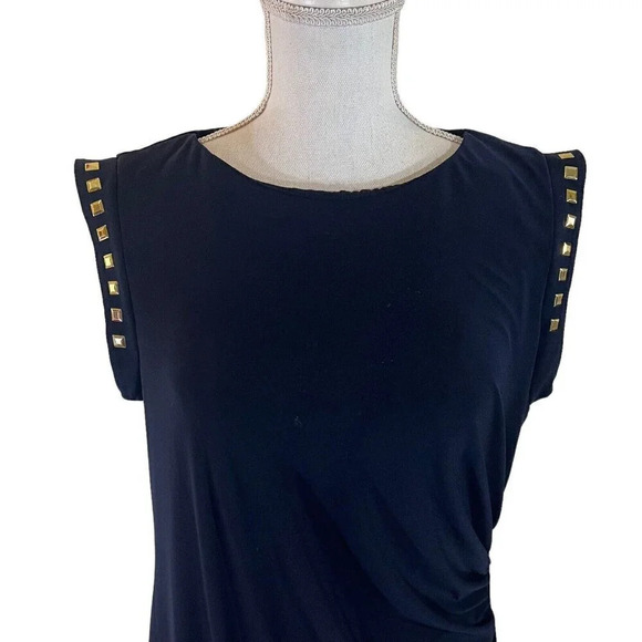 Soho Apparel Dress Petite Large Navy Gold Square Stud Accents Slit Stretch Knit - Picture 4 of 9